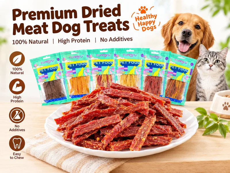 Air-dried meat treats in strips, slices and dice