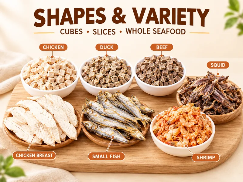 Freeze-dried meat treats in cubes, granules and whole slices