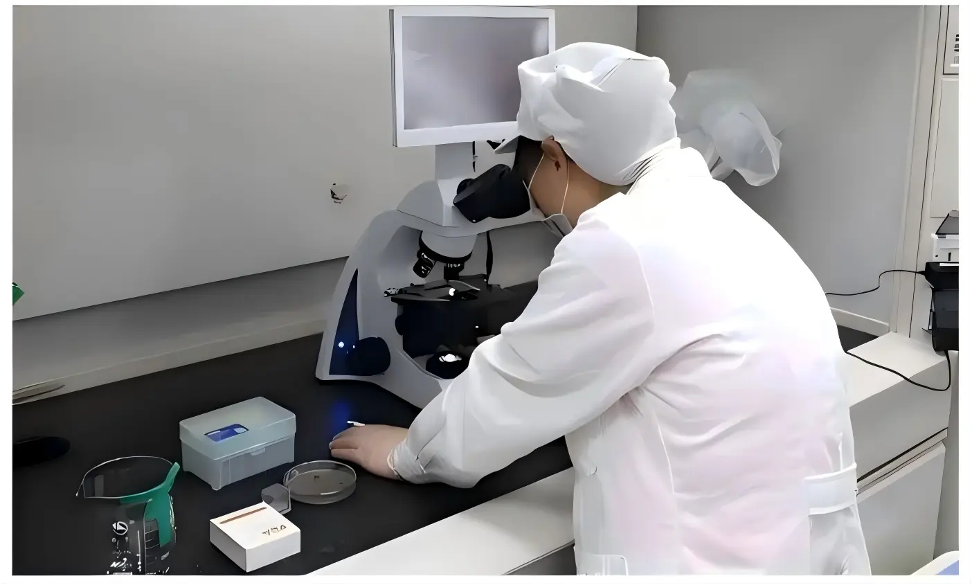 Laboratory technician testing finished goods under a microscope